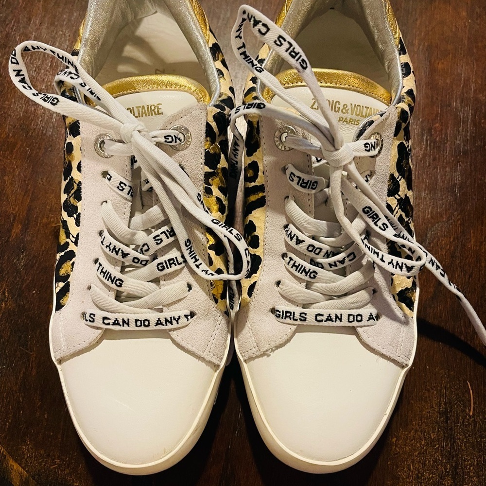 Zadig & Voltaire Leopard Print Sneakers with Gold and White Accents - Picture 2 of 5